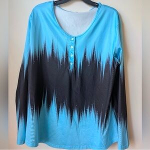 Blue and Black Long Sleeve Scoop Neck Blouse with Graphic Design